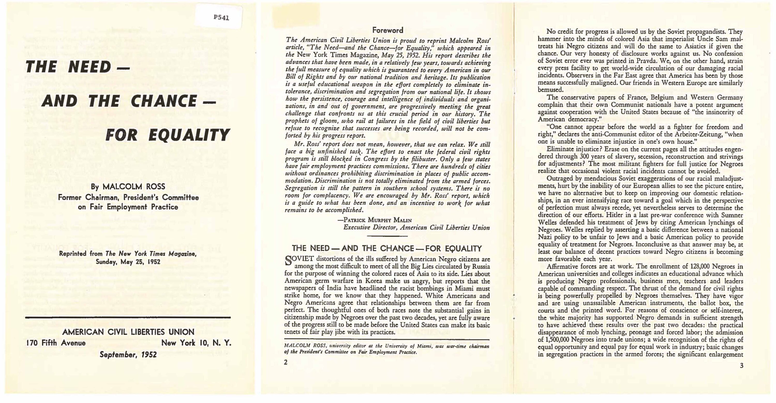Scan of the original printed report: "The Need - and the Chance - for Equality"