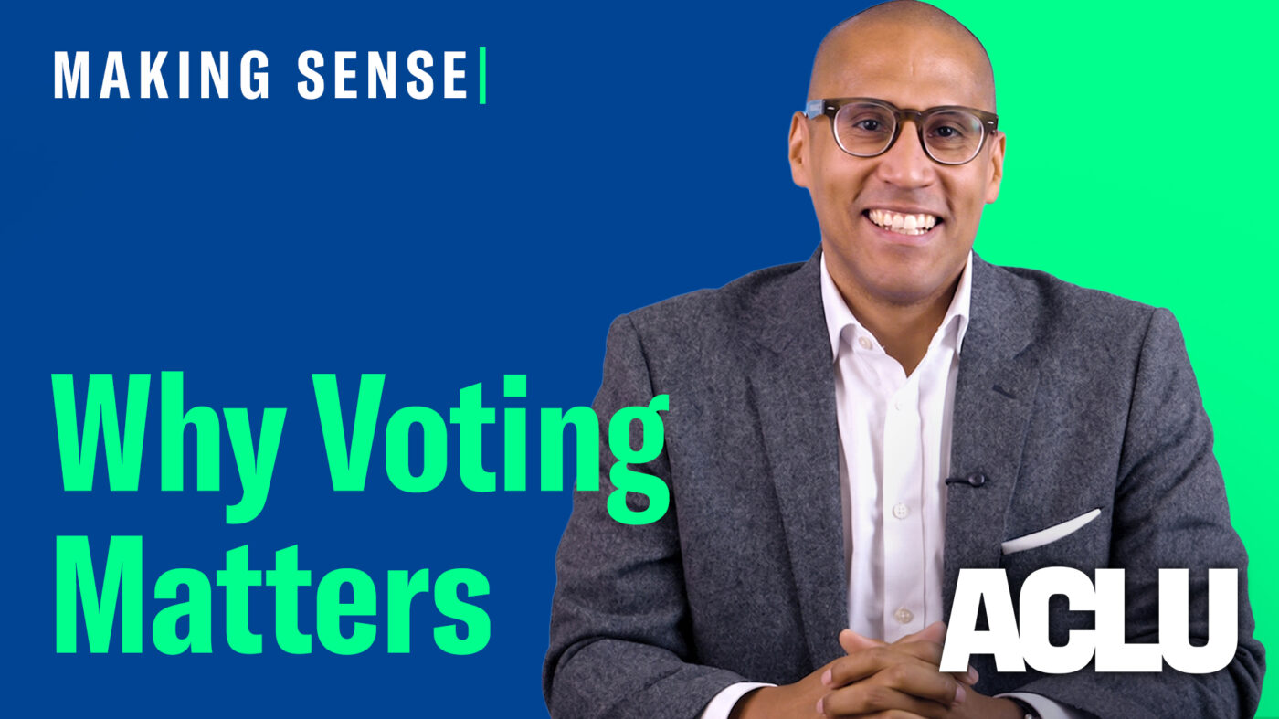 A photo of Adriel Cepeda Derieux with the title "Why Voting Matters."