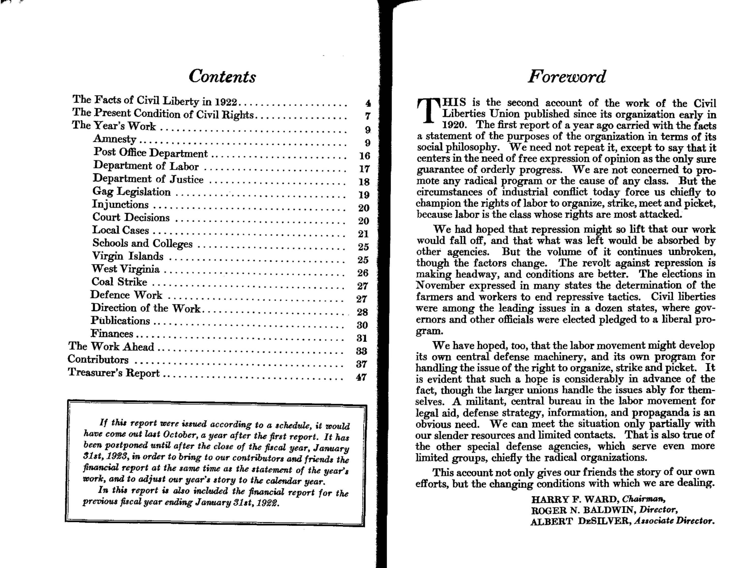 Scan of the original printed Annual Report: "A Year's Fight for Free Speech"
