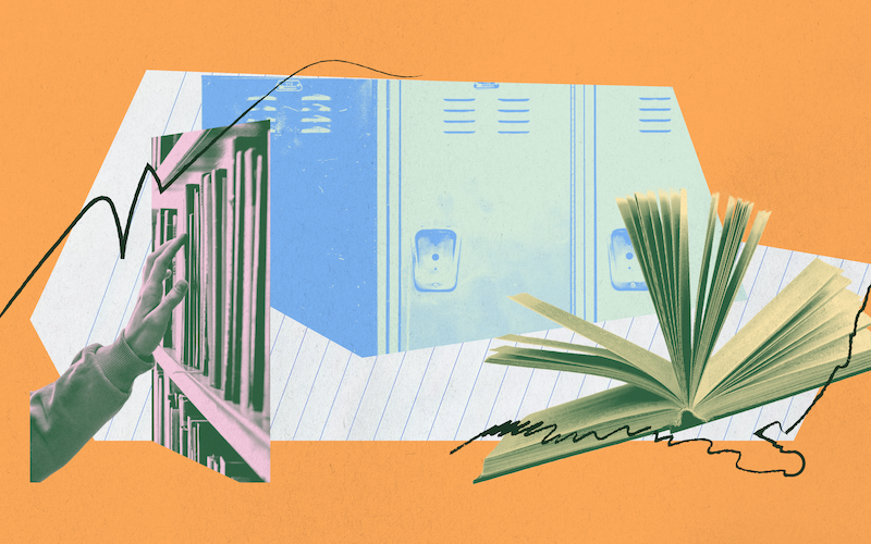 An image containing images pertaining to books, classrooms, and reading.