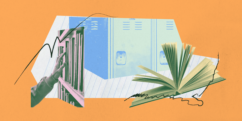 An image containing images pertaining to books, classrooms, and reading.