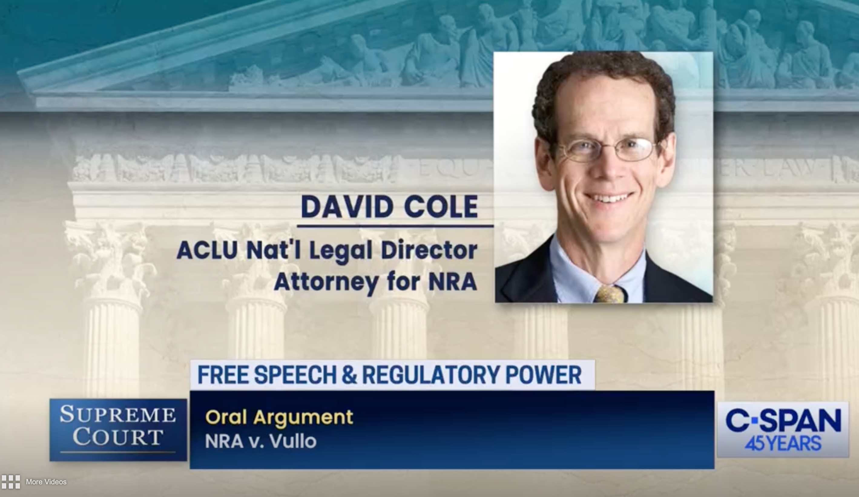 Still of CSPAN footage: David Cole addresses the Supreme Court