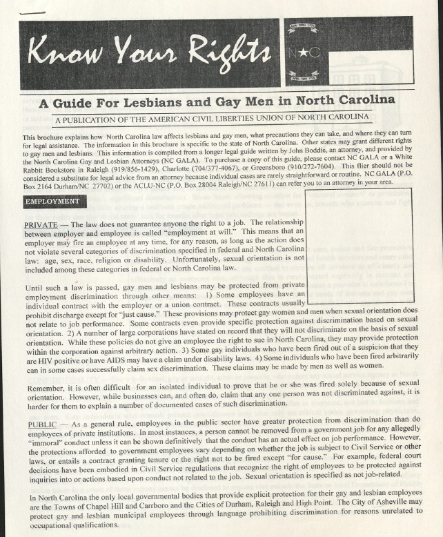 Scan of original Know Your Rights pamphlet produced by the ACLU of North Carolina for lesbians and gay men