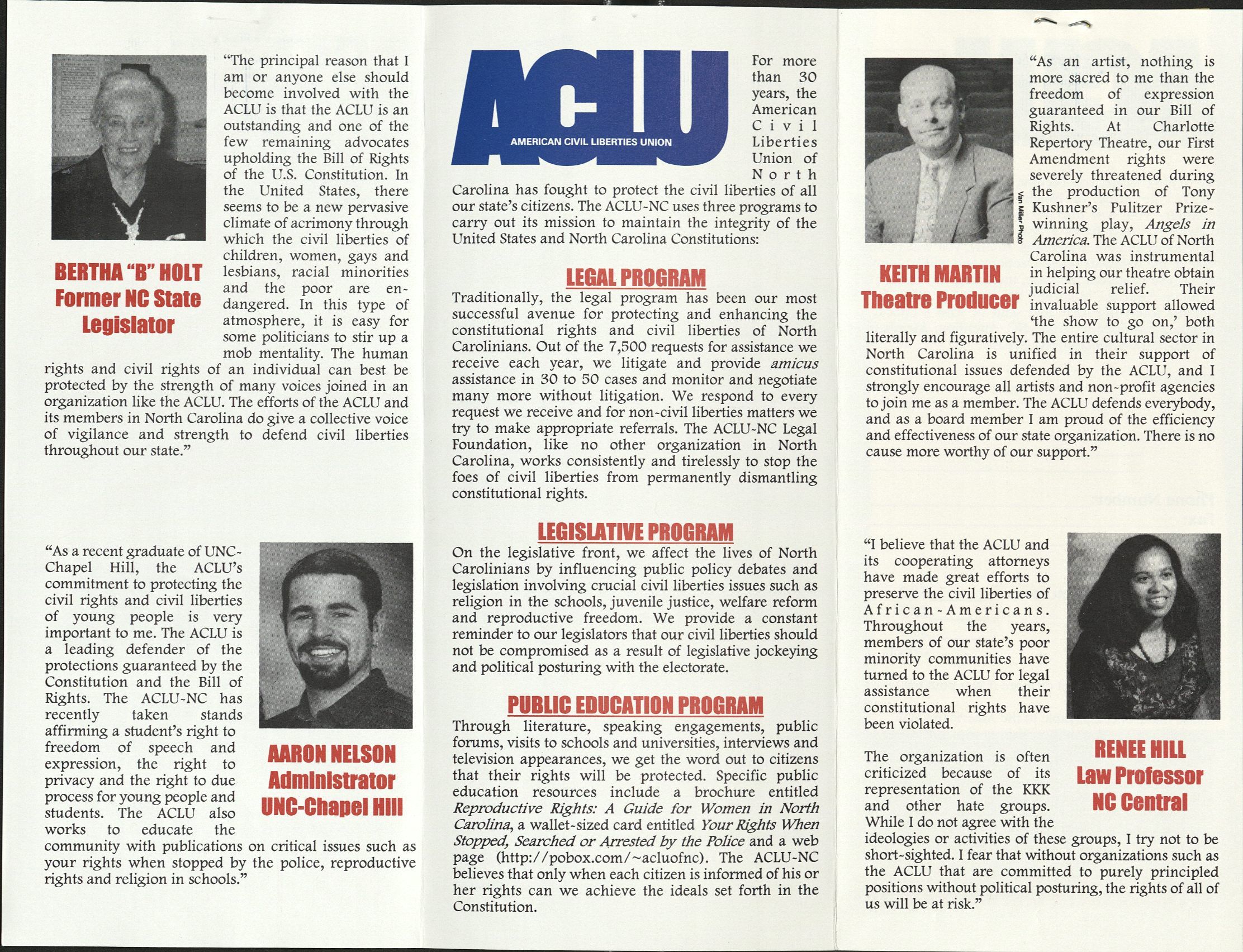 Photo of pamphlet distributed by ACLU of North Carolina