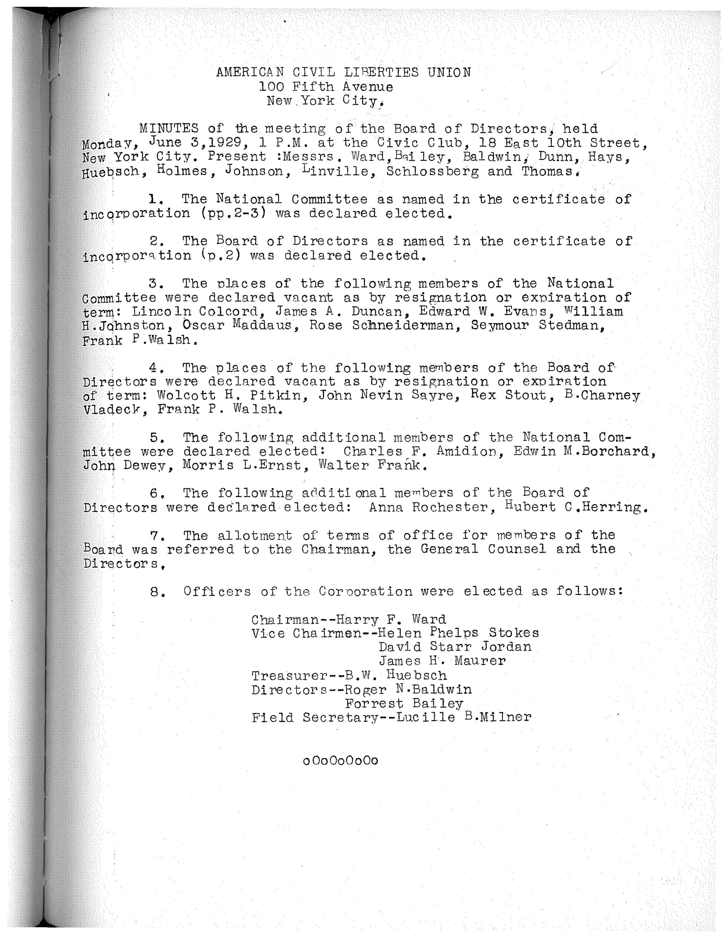 Scan of the original minutes of ACLU's first Board of Directors Meeting