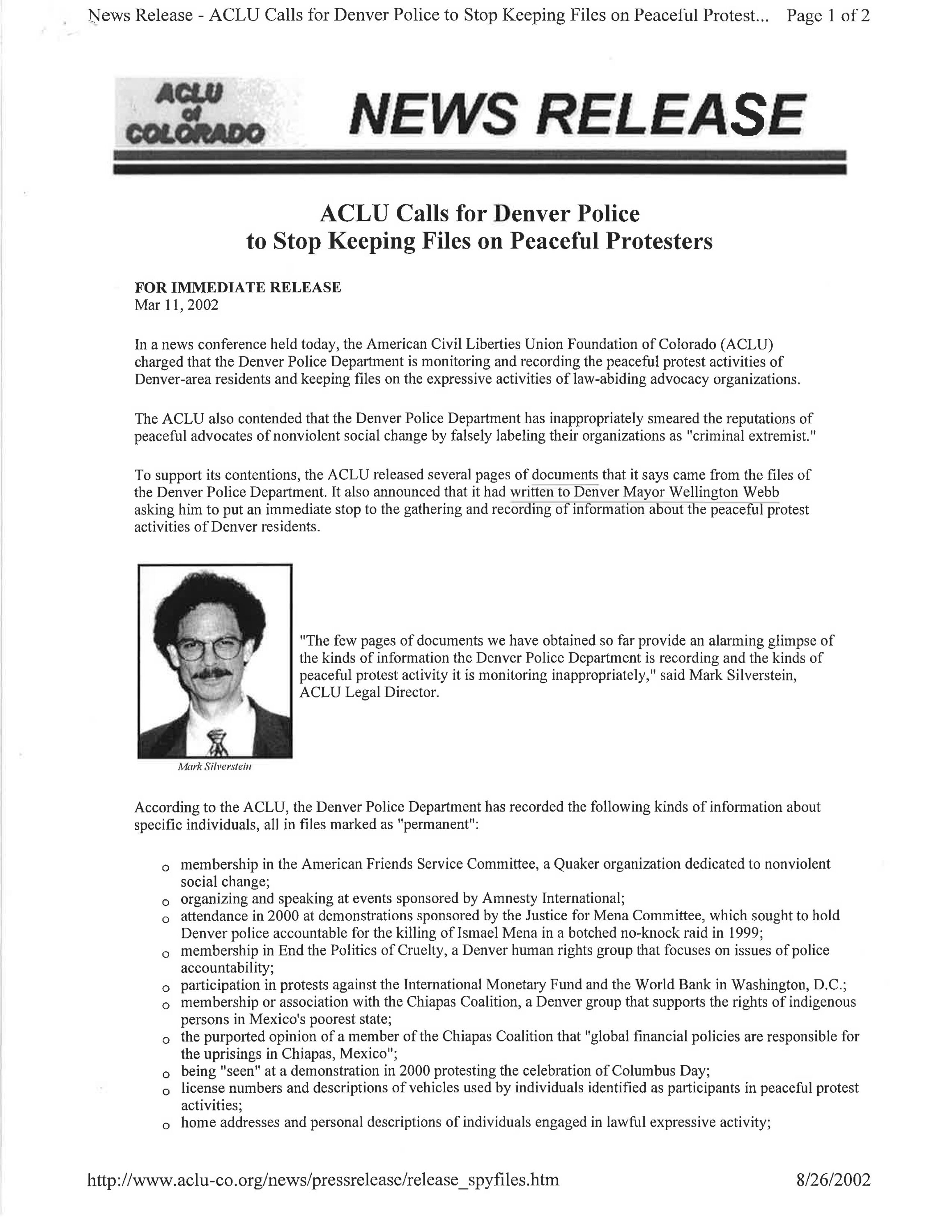 Scan of original ACLU of Colorado newsletter featuring a photo of Mark Silverstein