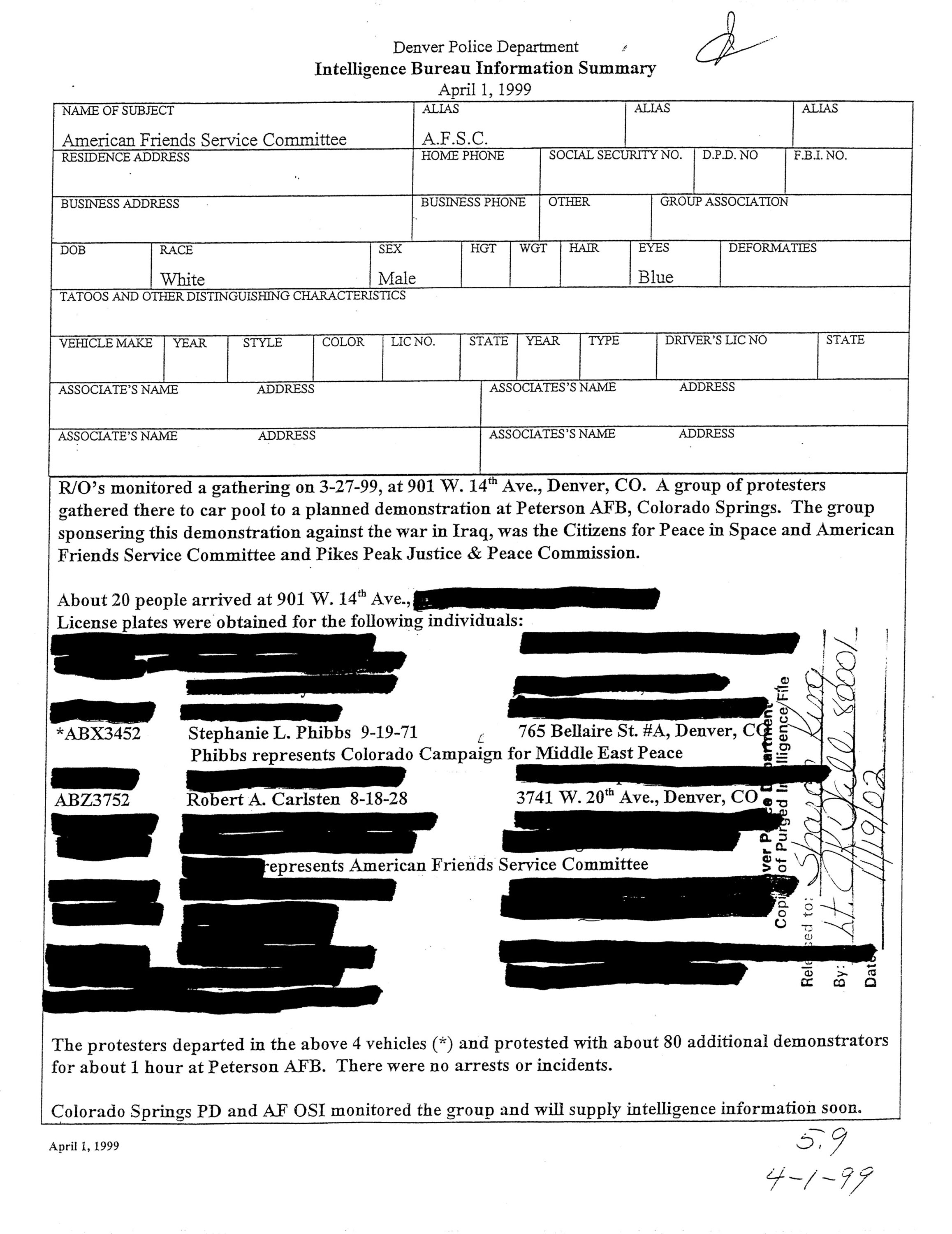 Denver Police Department file detailing the monitoring of "American Friends Service Committee"