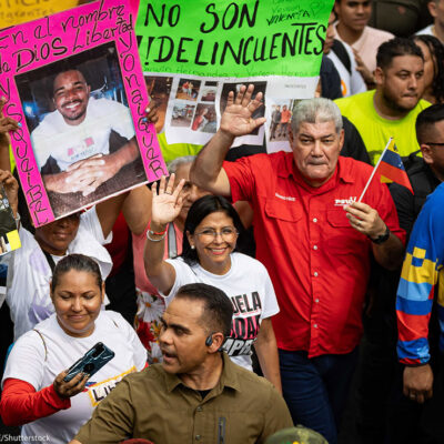 The vice president of Venezuela, Delcy Rodriguez (C), participates in a pro-government march in defense of Venezuelan migrants in Caracas, Venezuela, 18 March 2025. Venezuela demanded information about the migrants who were deported over the weekend from the US to El Salvador, under the Alien Enemies Act invoked by US President Donald Trump, which Caracas denounced as 'kidnapping', 'illegal' and 'a violation of human rights'.