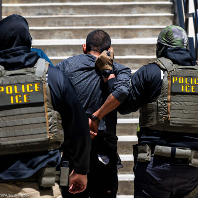 U.S. Immigration and Customs Enforcement (ICE) detaining a man at the Ventura Government Center in Ventura, California.